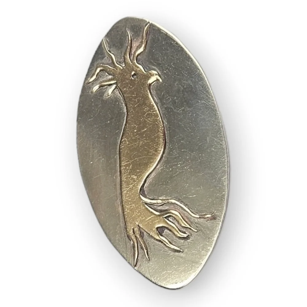 Vintage Cockatoo Brooch Brass Alpaca Silver Large Oval Tropical Bird  40s 3 3/8